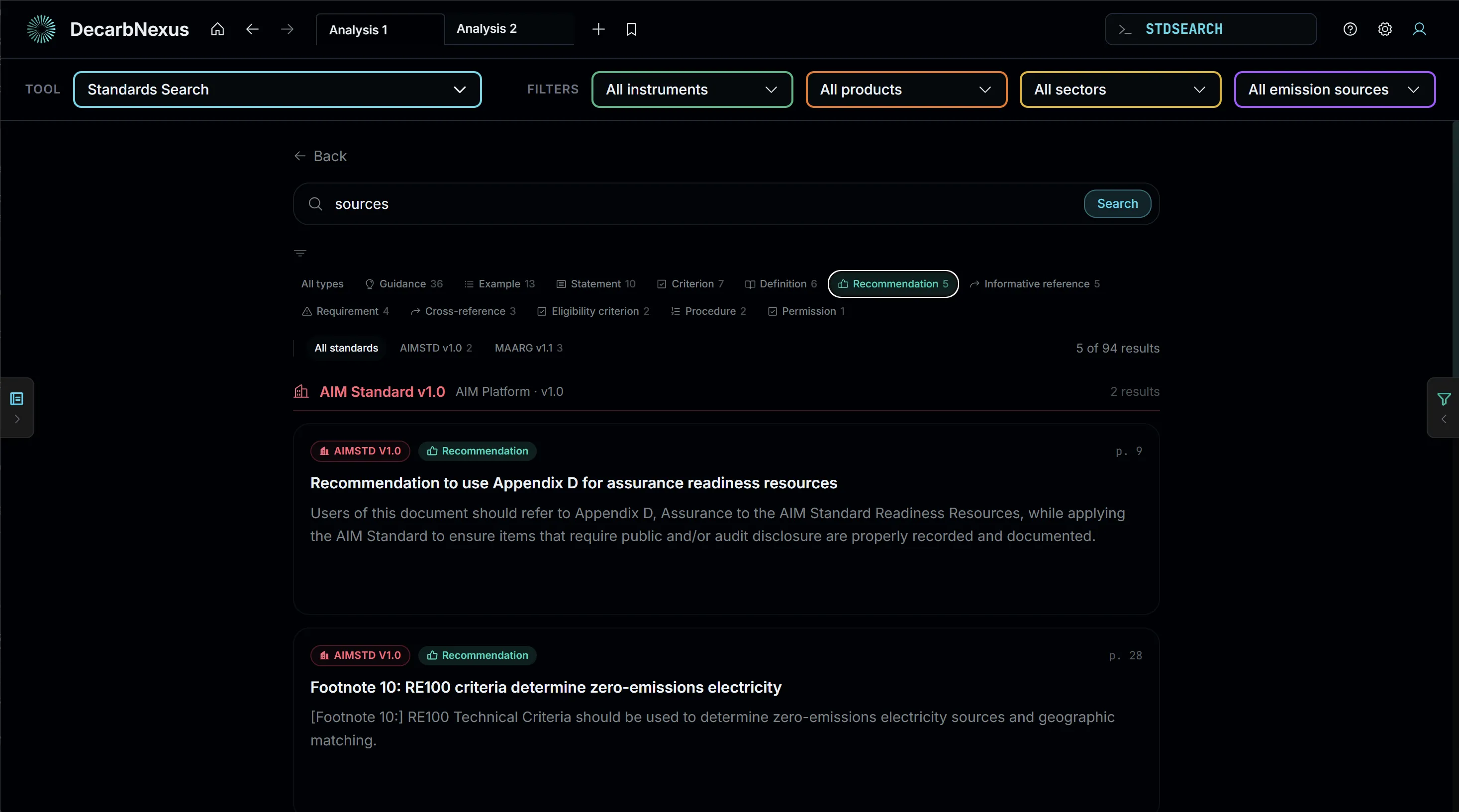 Standards Search tool showing recommendation provisions from the AIM Standard v1.0 that match a keyword search, each with its provision type and page number